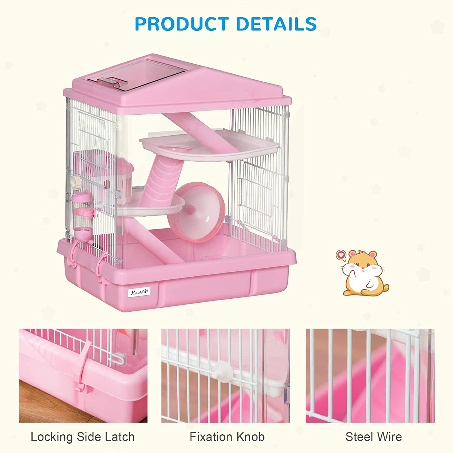Pawhut Multi-Tier Hamster Cage, Animal Enclosure Starter Kit for Small Pets, Ventilated Steel Wire and Plastic with Exercise Wheel, Food Dish, Water Bottle, Pink