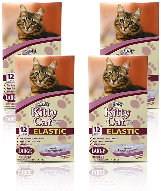 Alfapet Kitty Cat Litter Box Disposable, Elastic Liners- 12-Count-For Medium and Large, Size Litter Pans- with Sta-Put Technology for Firm, Easy Fit- Quick + Clever Waste Cleaners 4 Pack