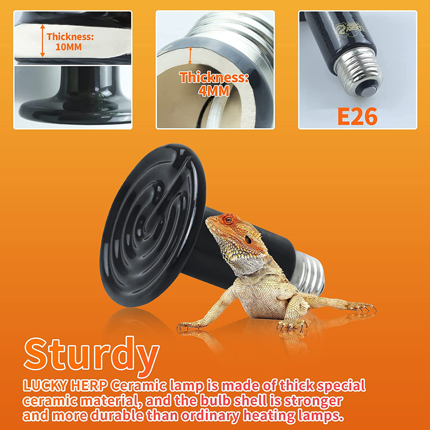 LUCKY HERP 150W Ceramic Heat Emitter, Reptile Heat Bulbs, Ceramic Heat Lamp for Reptiles, Amphibian, Chicken, Dog, Cat (2-Pack)