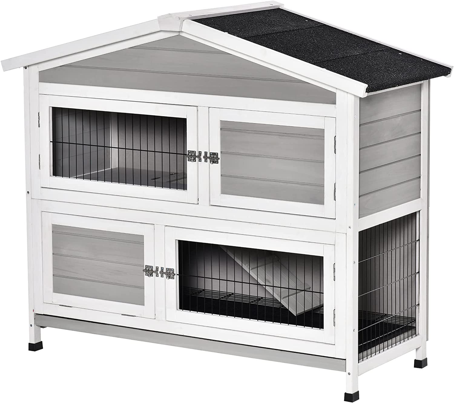 Pawhut 48" 2-Floor Large Rabbit Hutch Wooden Pet House Multi-Door Bunny Cage Small Animal Habitat with Ramp Slide-Out Tray Run Area Asphalt Roof Light Grey Animals & Pet Supplies > Pet Supplies > Small Animal Supplies > Small Animal Habitats & Cages PawHut   