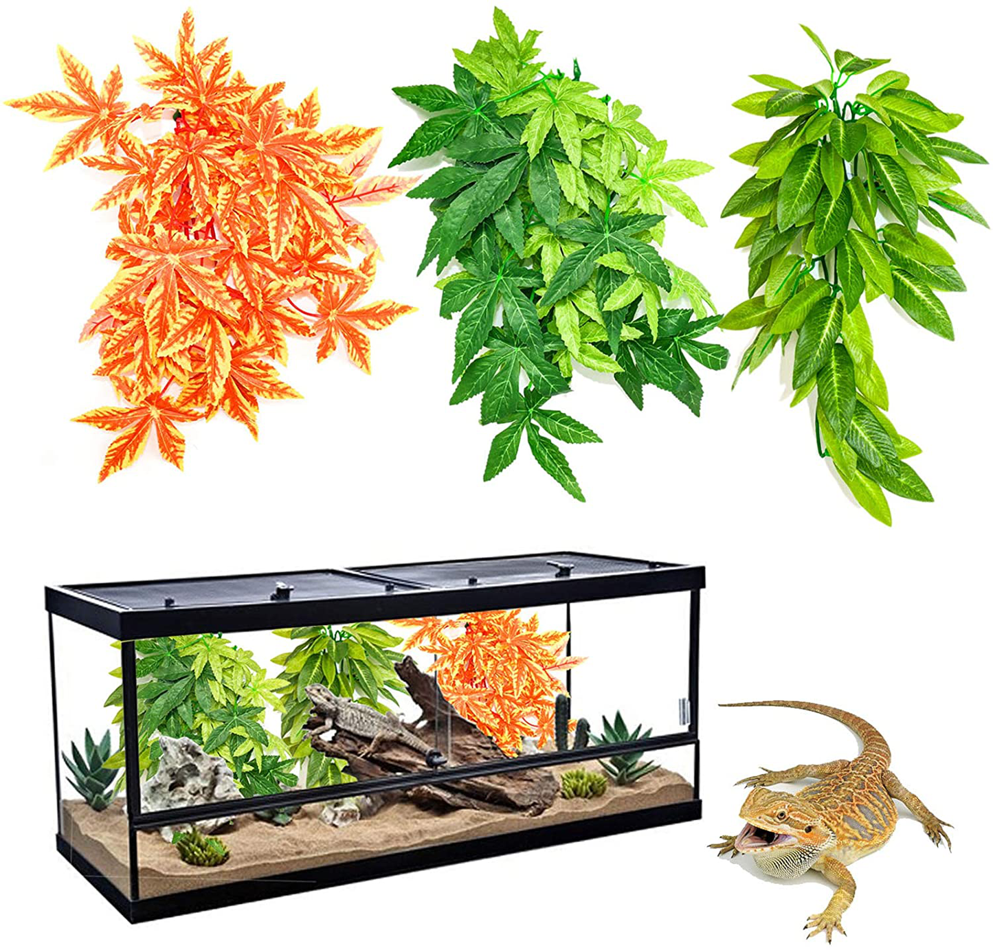 HYLYUN 3 Pack Reptile Plants - Hanging Silk Terrarium Plant with Suction Cup for Bearded Dragons Lizards Geckos Snake Hermit Crab Tank Habitat Decorations