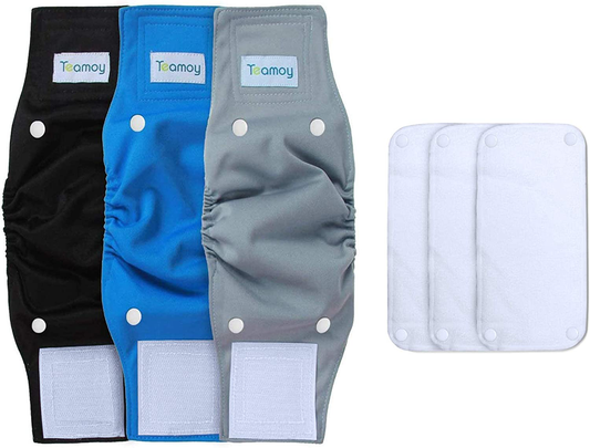 Teamoy Belly Bands for Male Dogs with Removable Pads, Reusable Washable Puppy Dog Diaper Wraps (Pack of 3) Animals & Pet Supplies > Pet Supplies > Dog Supplies > Dog Diaper Pads & Liners Teamoy Gray+black+blue(white Lining) XS (Pack of 3) 