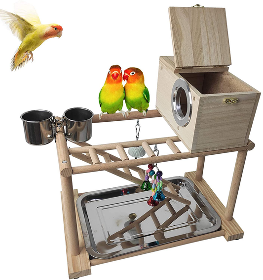 Kathson Birds Parrots Playground Natural Wood Bird Play Stand Gym Playpen Climb Ladder Chewing Toys with Parakeet Nesting Box Activity Exercise Center for Conure Cockatiel Lovebirds