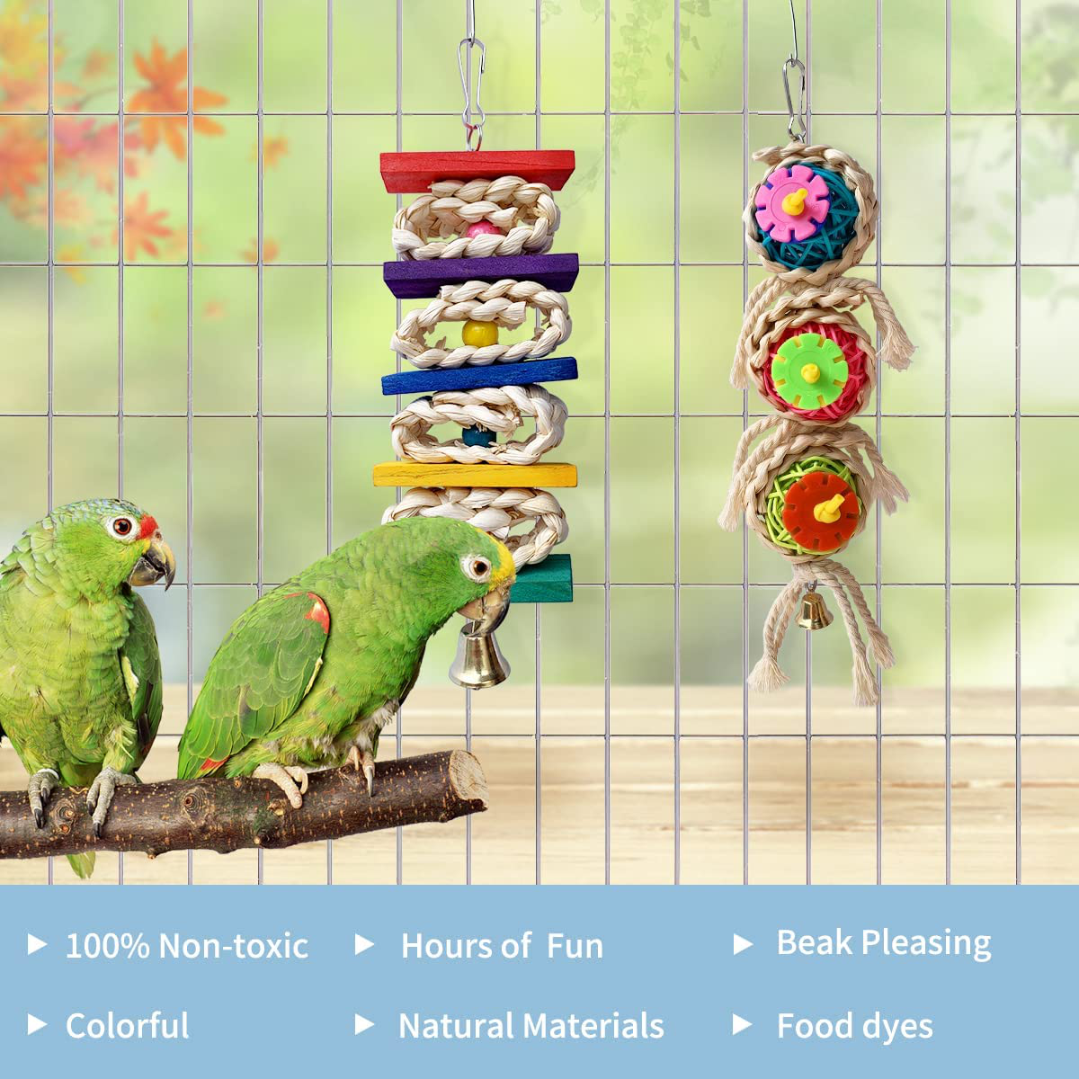 Bird Toys - Parrot Toys Chewing Bird Toy Grinding Stone Cage Hanging Toys with Bell for African Greys Amazon Conure Eclectus Budgies Cockatiel Hamster Parakeet, 2 Pack