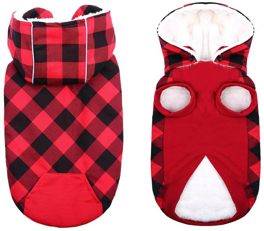 Kuoser British Style Plaid Dog Winter Coat, Windproof Cozy Cold Weather Dog Coat Fleece Lining Dog Apparel Reflective Dog Jacket Dog Vest for Small Medium Dogs with Removable Hat（Xxs-L）