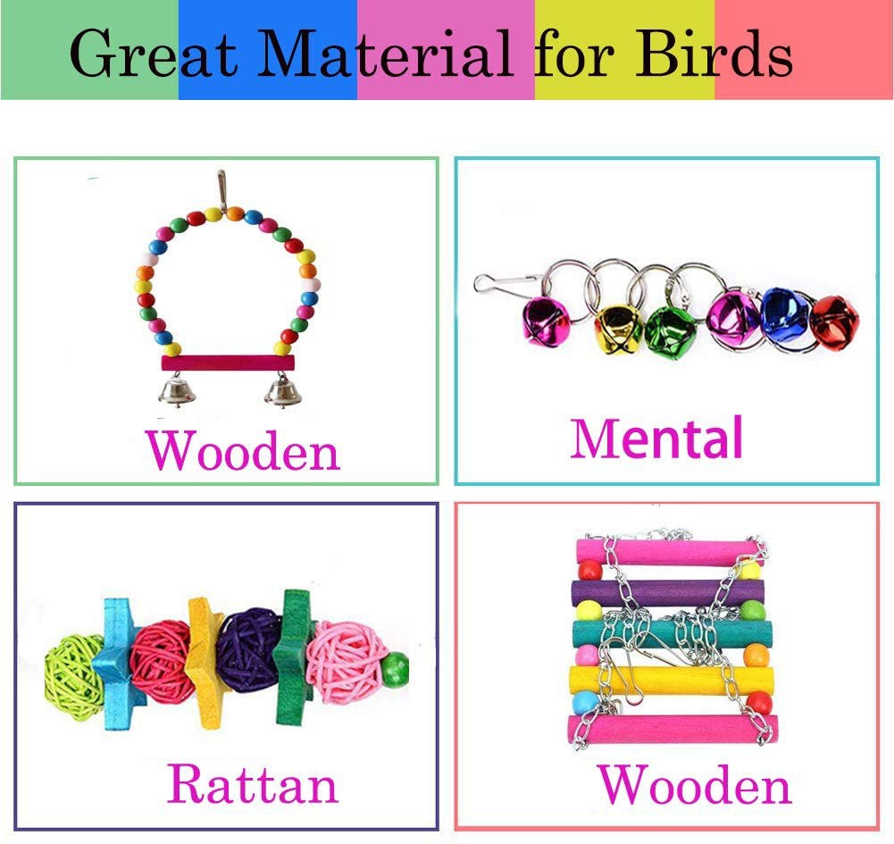 ESRISE 8 Pcs Bird Parakeet Cockatiel Parrot Toys, Hanging Bell Pet Bird Cage Hammock Swing Toy Wooden Perch Chewing Toy for Small Parrots, Conures, Love Birds, Finches Animals & Pet Supplies > Pet Supplies > Bird Supplies > Bird Cage Accessories ESRISE   