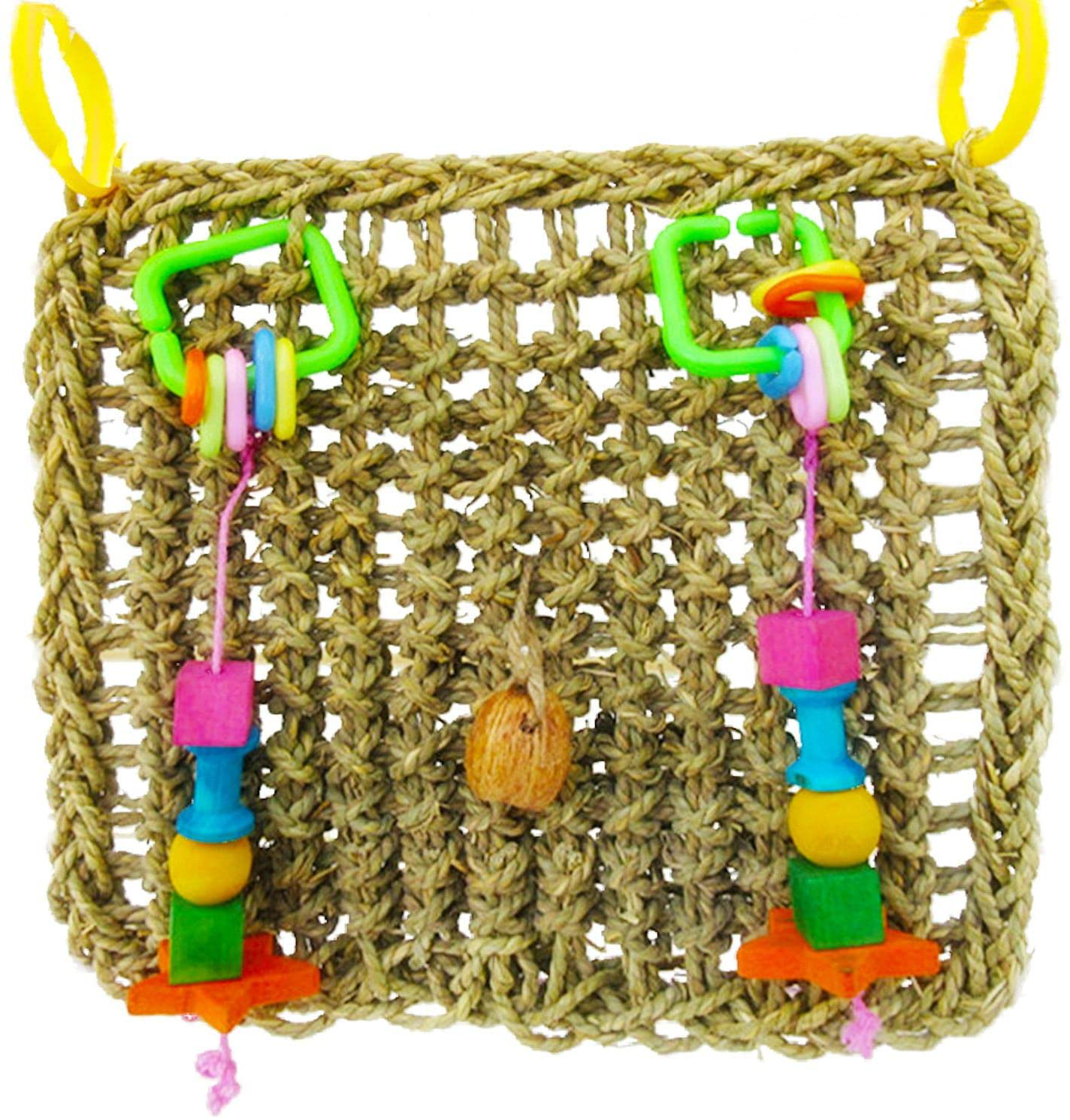 Sungrow Bird Foraging Wall Toy with Hanging Hook, 12.5 X 13.5 Inches, Seagrass Woven Mat with Colorful Wooden Blocks Animals & Pet Supplies > Pet Supplies > Bird Supplies > Bird Treats SunGrow   