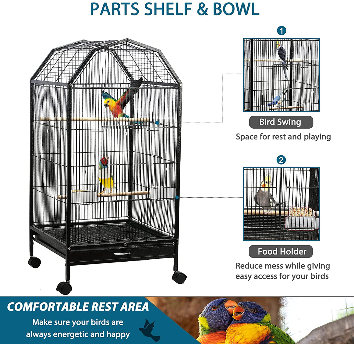 Olpchee Parakeet Bird Cage with Stand Metal Pet Bird Flight Cages Large Finch Bird Cage for Conure Canary Parekette Macaw Finch Cockatoo Budgie Cockatiels Parrot Pet House,Black Animals & Pet Supplies > Pet Supplies > Bird Supplies > Bird Cages & Stands Olpchee   