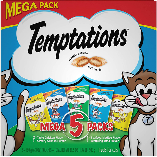 Temptations Whiskas Mega Pack Cat Treats, Assorted Flavors, 6.3 Oz, 5 Pack
