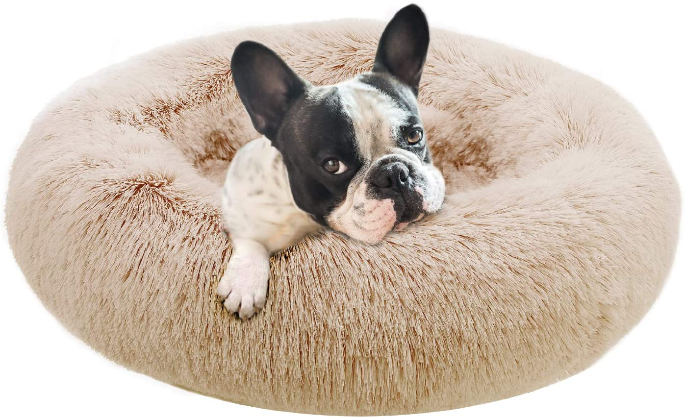 Eterish Fluffy round Calming Dog Bed Plush Faux Fur, Anxiety Donut Dog Bed for Small, Medium Dogs and Cats, Pet Cat Bed with Raised Rim, Machine Washable Animals & Pet Supplies > Pet Supplies > Dog Supplies > Dog Beds Eterish Brown Medium (Pack of 1) 