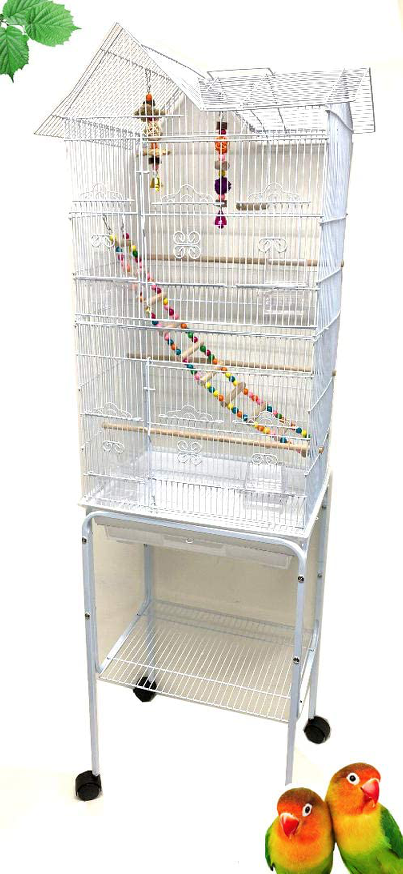 Mcage Large Double Roof Top Flight Parrot Bird Cage with Toy and Ladder for Cockatiel Parakeet Conure Lovebird Budgie Parrotlet Finch Canary Small Parrot Bird Cage with Rolling Stand Animals & Pet Supplies > Pet Supplies > Bird Supplies > Bird Cages & Stands Mcage   