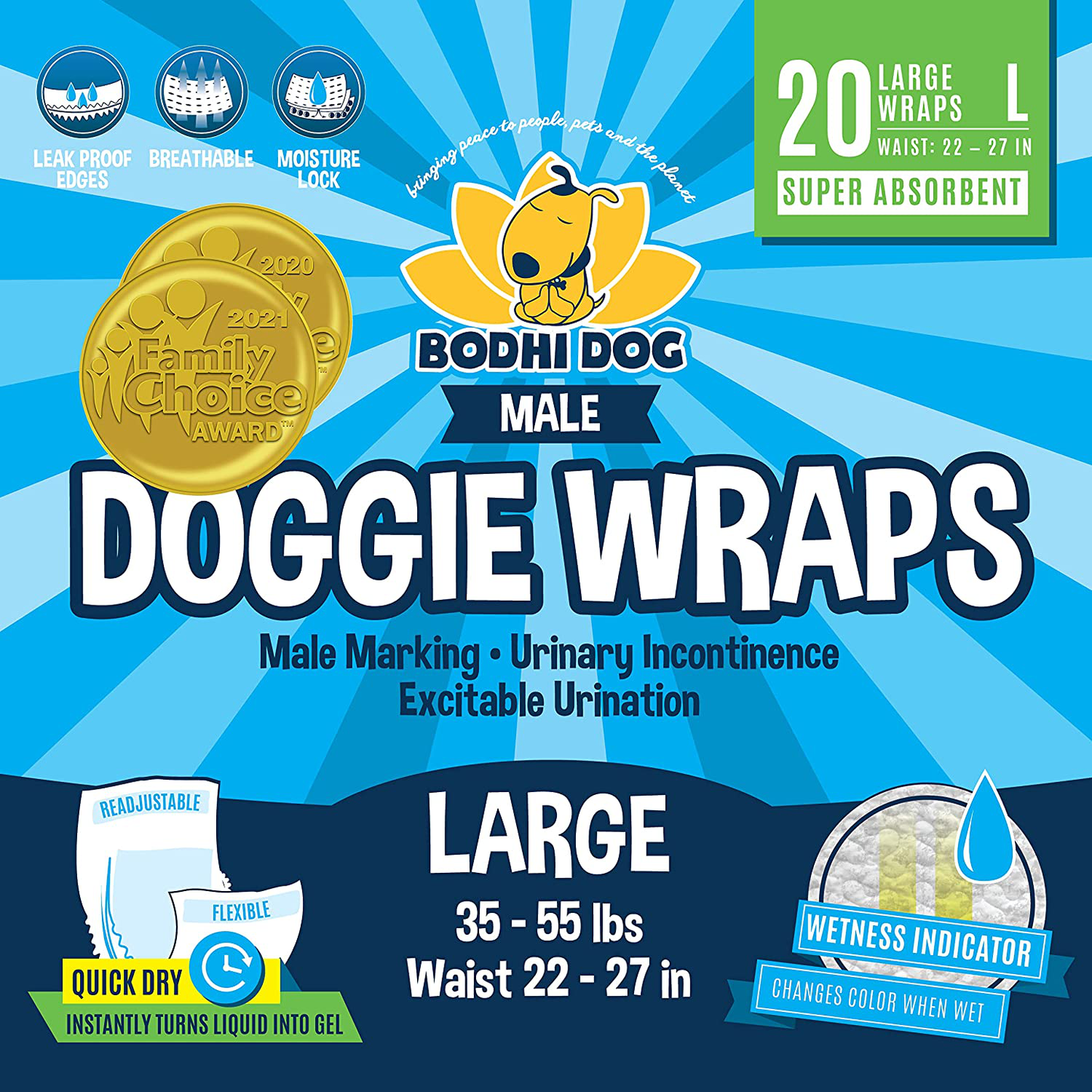 Bodhi Dog Disposable Male Dog Wraps | 20 Premium Quality Adjustable Doggie Wraps with Moisture Control and Wetness Indicator | 20 Count Animals & Pet Supplies > Pet Supplies > Dog Supplies > Dog Diaper Pads & Liners Bodhi Dog Large  