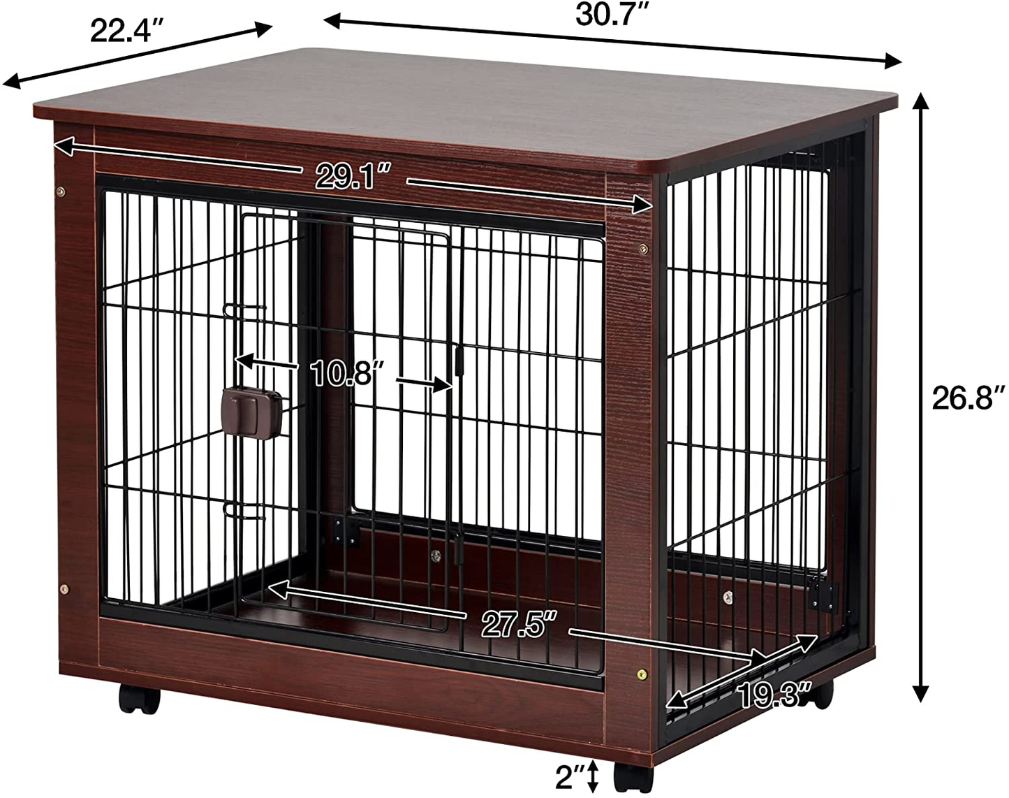 Pet Dog Crate Cage End Table with Wooden Structure and Iron Wire and Lockable Caters,Medium and Large Dog House Indoor Use