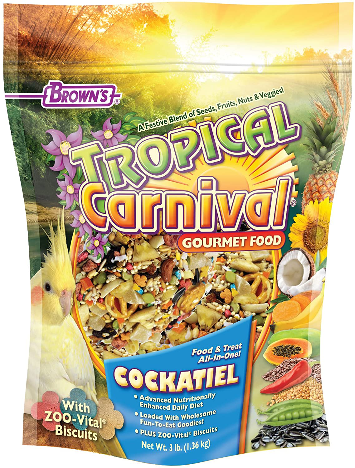 Tropical Carnival F.M. Brown'S, Gourmet Bird Food for Cockatiels, Lovebirds, and Conures, Vitamin-Nutrient Fortified Daily Diet Animals & Pet Supplies > Pet Supplies > Bird Supplies > Bird Food Tropical Carnival 3 Pound (Pack of 1)  