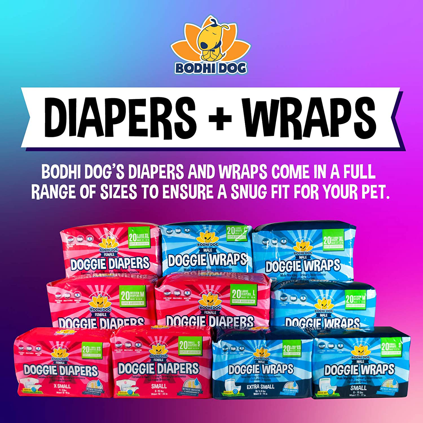 Bodhi Dog Disposable Male Dog Wraps | 20 Premium Quality Adjustable Doggie Wraps with Moisture Control and Wetness Indicator | 20 Count