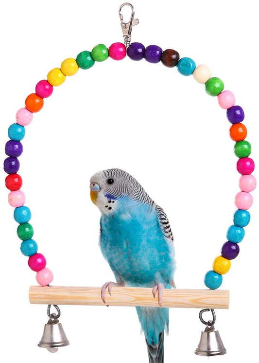 QBLEEV Wooden Bird Swings Toy with Hanging Bells for Cockatiels Parakeets, Cage Accessories Decorating Birdcage or Wood Parrot Perch Stand Play Gym for Small Medium Budgies Finches Conures Animals & Pet Supplies > Pet Supplies > Bird Supplies > Bird Gyms & Playstands QBLEEV 5.9”(L)x7.8”(H)  