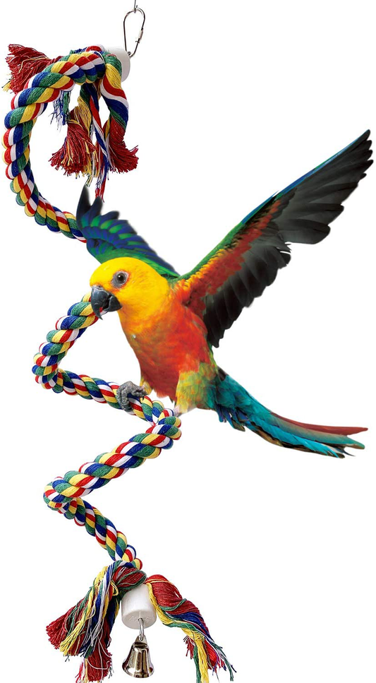 Bird Spiral Rope Perch Standing Toys with Bell Comfy Perch Parrot Toys for Rope Bungee Flexible Multi-Color Bird Toy, Brightly Colored Handmade Chew Toy