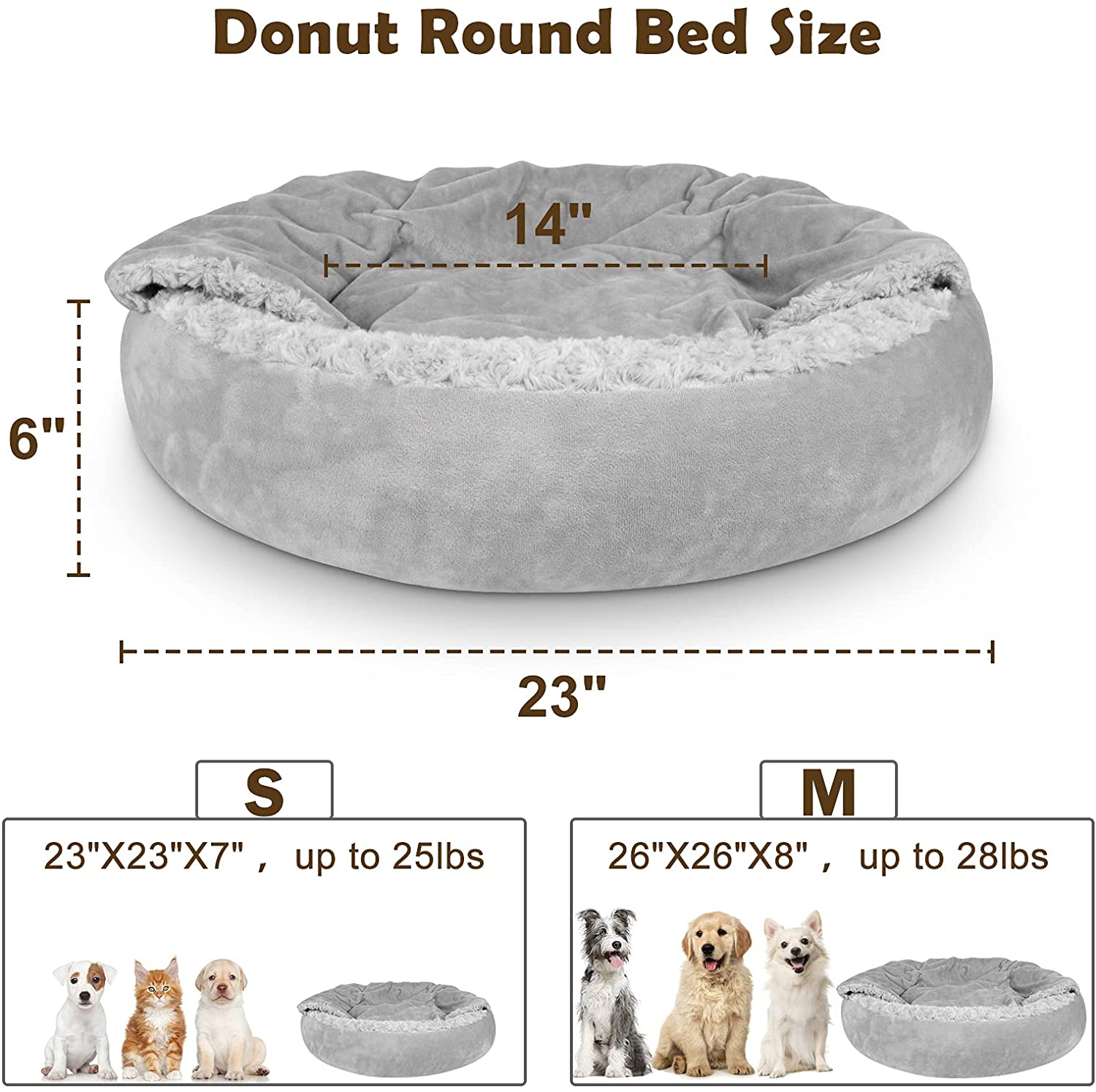 JOEJOY Small Dog Bed Cat Bed with Hooded Blanket, Cozy Cuddler Luxury Orthopedic Puppy Pet Bed, Donut round Calming Anti-Anxiety Dog Burrow Cat Cave - Anti-Slip Bottom and Machine Washable 23 Inch