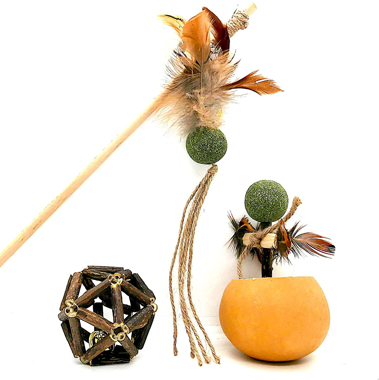 PANGZUOMEI Handmade Natural Feather Cat Toy Set, Gifts for Cats Kitties, Cat Lovers, Cat Owners, Containing Cat Wand Toy, Silver Vine Bell Ball, Scarecrow-Shape Tumbler, with Catnip Matatabi Bell Animals & Pet Supplies > Pet Supplies > Cat Supplies > Cat Toys PANGZUOMEI   