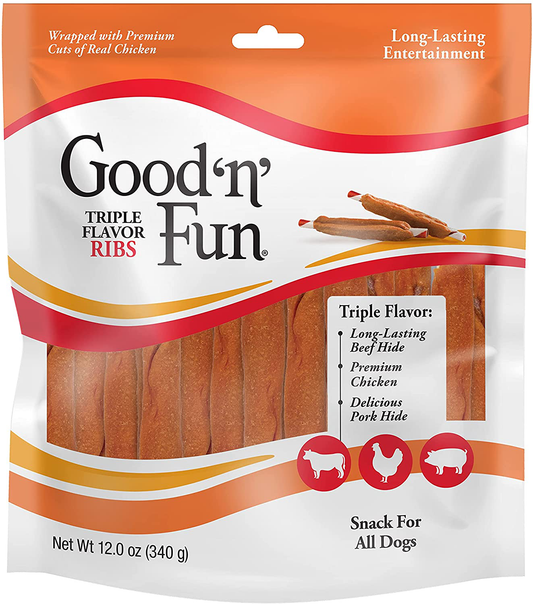 Good ’N’ Fun Triple Flavor Ribs, Rawhide Snack for All Dogs Animals & Pet Supplies > Pet Supplies > Small Animal Supplies > Small Animal Treats Good'n'Fun 12 Ounce (Pack of 1)  