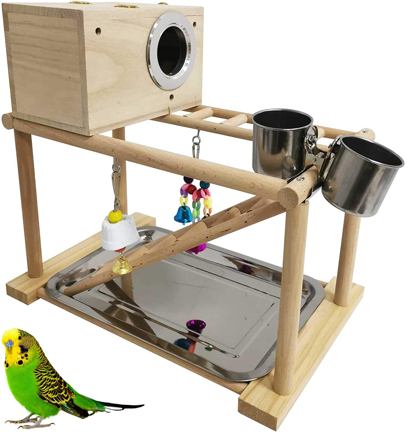 Kathson Parrots Playground Bird Playstand Birdcage Play Stand Wood Perch Gym Playpen with Parakeet Nest Box Ladder Feeder Cups Chewing Toys Exercise Activity Center for Conure Cockatiel Lovebirds Animals & Pet Supplies > Pet Supplies > Bird Supplies > Bird Gyms & Playstands kathson   