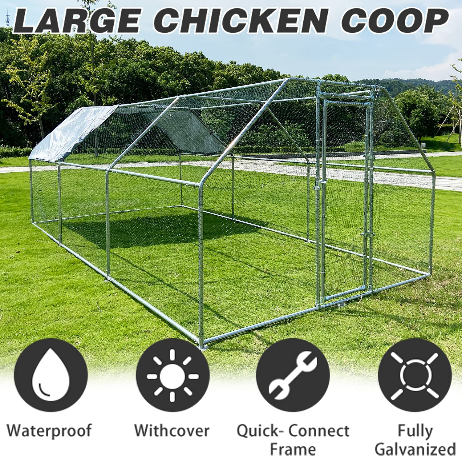 Hiwokk Large Metal Chicken Coop Walk-In Cage Chicken Run Duck House Chicken Pen Dog Kennel Flat Roofed Cage with Waterproof and Anti-Ultraviolet Cover for Outdoor Farm Use（9.2' L X 18.4' W X 6.4' H） Animals & Pet Supplies > Pet Supplies > Dog Supplies > Dog Kennels & Runs HIWOKK   