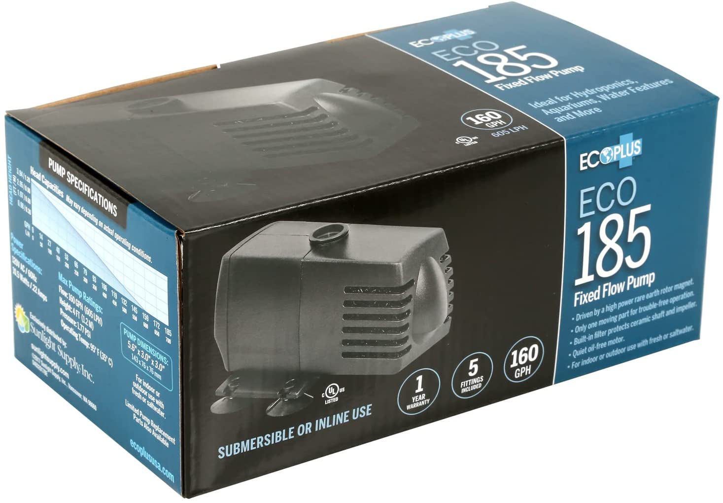 Ecoplus Eco 185 Water Pump Fixed Flow Submersible or Inline for Aquariums, Ponds, Fountains & Hydroponics - UL Listed, 158 GPH, Black Animals & Pet Supplies > Pet Supplies > Fish Supplies > Aquarium & Pond Tubing Ecoplus Ink   