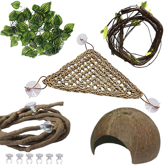 PINVNBY Bearded Dragon Tank Accessories,Lizard Habitat Hammock Reptile Natural Seagrass Coconut Shell Toy Jungle Climber Bendable Vines Leaves Decor for Climbing Snakes Hermit Crabs Gecko or Chameleon Animals & Pet Supplies > Pet Supplies > Reptile & Amphibian Supplies > Reptile & Amphibian Habitat Accessories PINVNBY   