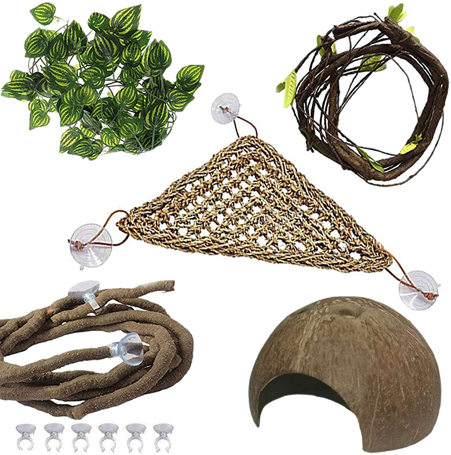 PINVNBY Bearded Dragon Tank Accessories,Lizard Habitat Hammock Reptile Natural Seagrass Coconut Shell Toy Jungle Climber Bendable Vines Leaves Decor for Climbing Snakes Hermit Crabs Gecko or Chameleon