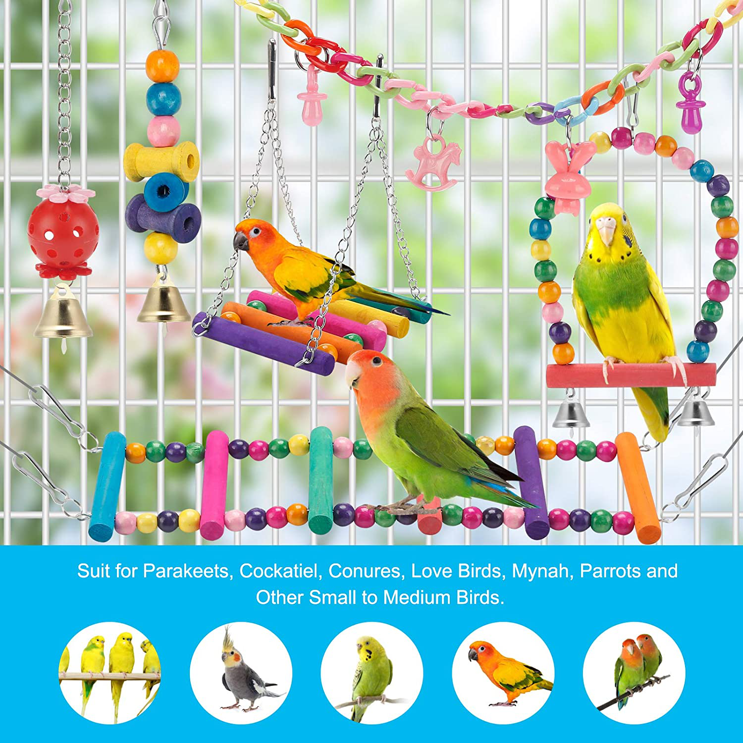 Bird Parakeet Toys,Swing Hanging Standing Chewing Toy Hammock Climbing Ladder Bird Cage Colorful Toys Suitable for Budgerigar, Parakeet, Conure, Cockatiel, Mynah, Love Birds, Finches Animals & Pet Supplies > Pet Supplies > Bird Supplies > Bird Cage Accessories lovyoCoCo   
