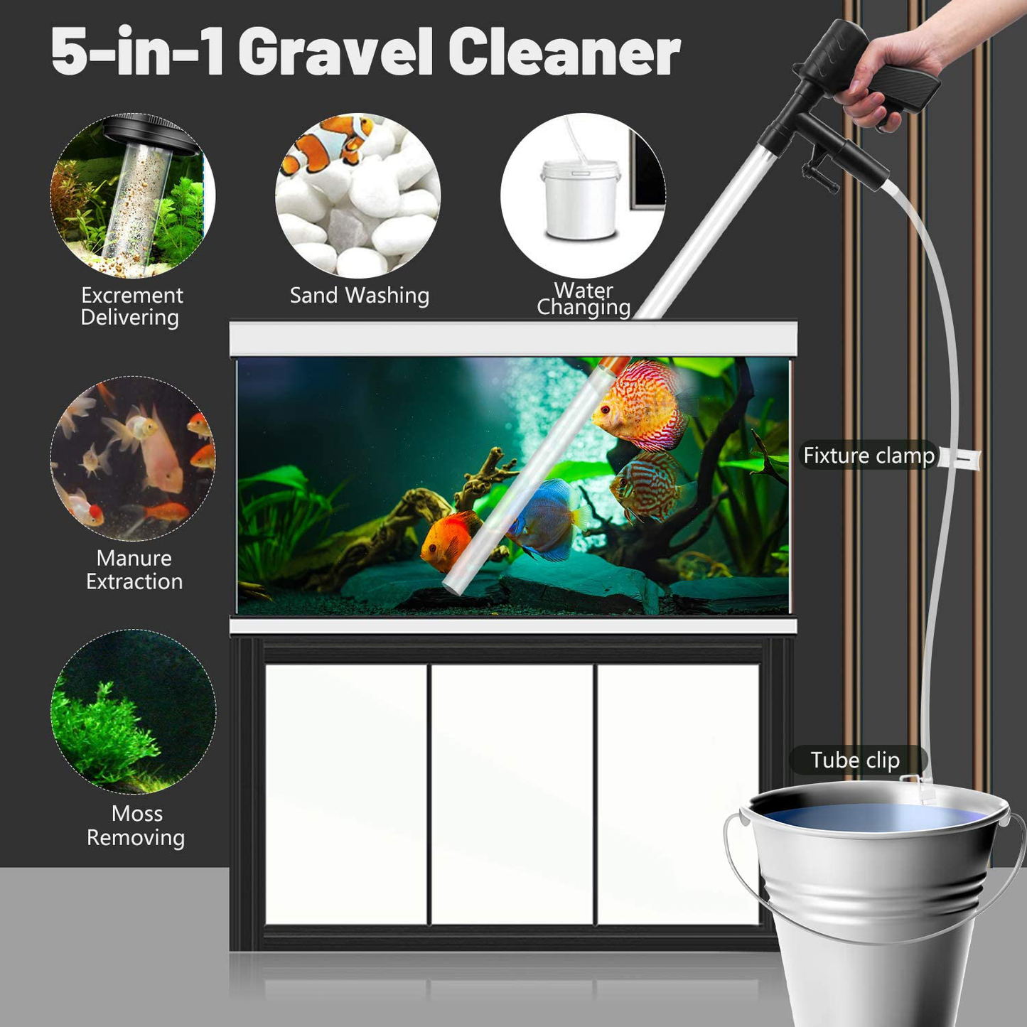 KAREEME Aquarium Gravel Cleaner, Quick and Long Nozzle Water Changer, Professional Fish Tank Sand Cleaner Kit with Air-Pressing Button and Adjustable Water Hose Controller - BPA Free