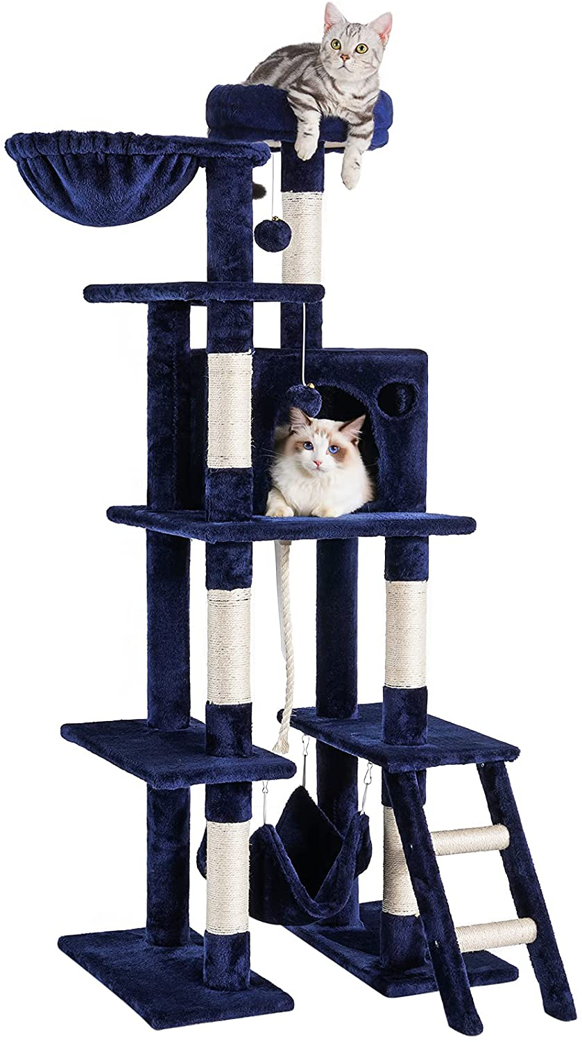 Rabbitgoo Cat Tree Cat Tower 61" for Indoor Cats, Multi-Level Cat Condo with Hammock & Scratching Posts for Kittens, Tall Cat Climbing Stand with Plush Perch & Toys for Play Rest Animals & Pet Supplies > Pet Supplies > Cat Supplies > Cat Furniture rabbitgoo Navy Blue  