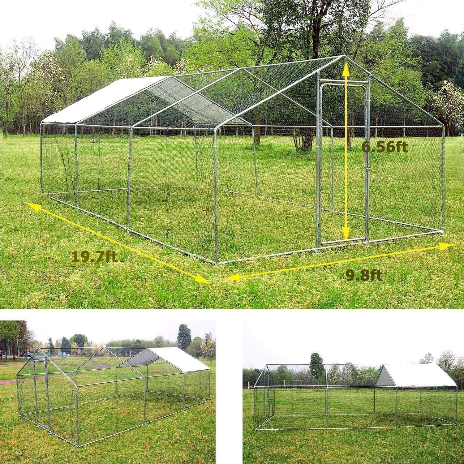 Large Chicken Coop Walk-In Metal Poultry Cage House Rabbits Habitat Cage Spire Shaped Coop with Waterproof and Anti-Ultraviolet Cover for Outdoor Backyard Farm Use (9.8' L X 19.7' W X 6.56' H)