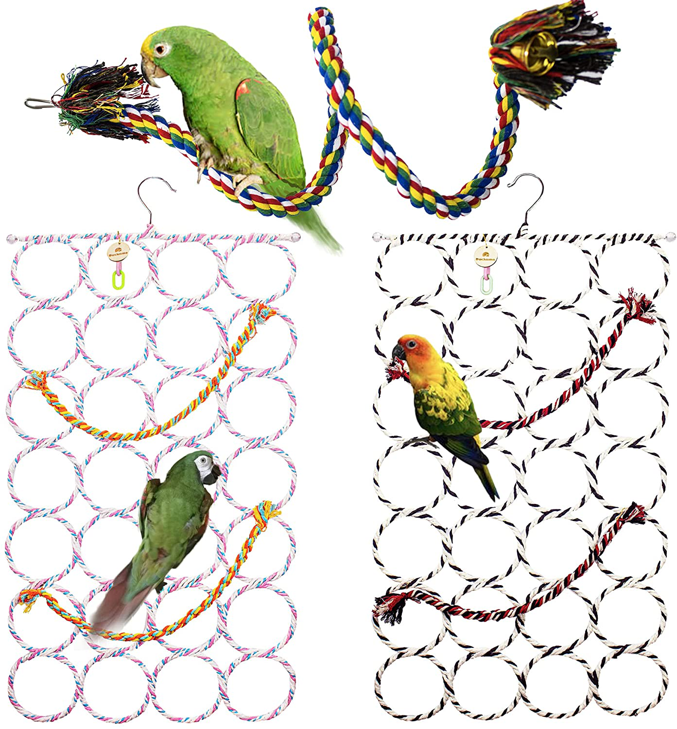 Duckiimo 3Pack Parrot Climbing Net Toys-Bird Rope Ladder Bungee Toy-Bird Swing Hanging Cage-Perch Stand Chew Toys for Parrot, Cockatiel, Parakeets, Cockatoos, Budgies, Conure, Macaw Animals & Pet Supplies > Pet Supplies > Bird Supplies > Bird Ladders & Perches Duckiimo   