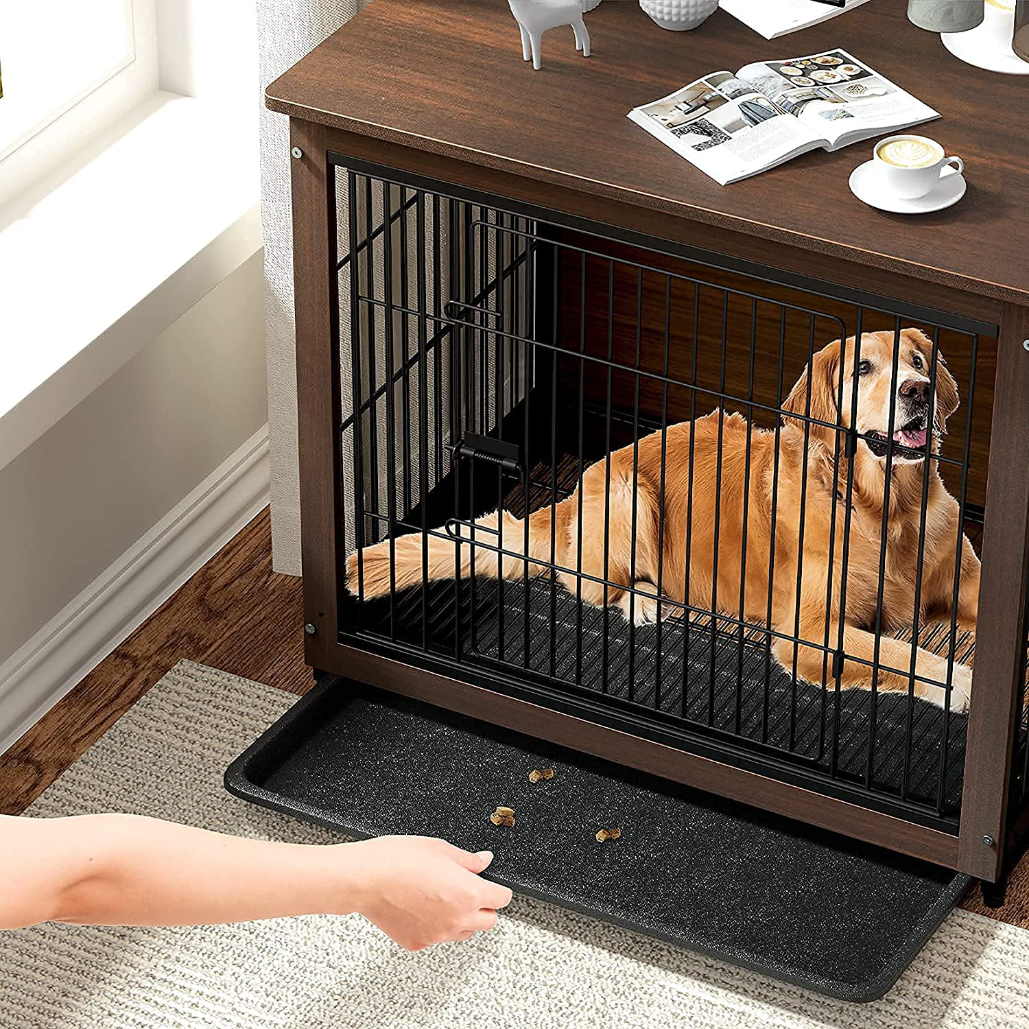 Bingopaw End Table Dog Crate with Double Door,Wooden Pet Kennel with Floor Tray, Top Detachable, Indoor Dog House for Small Medium Dogs