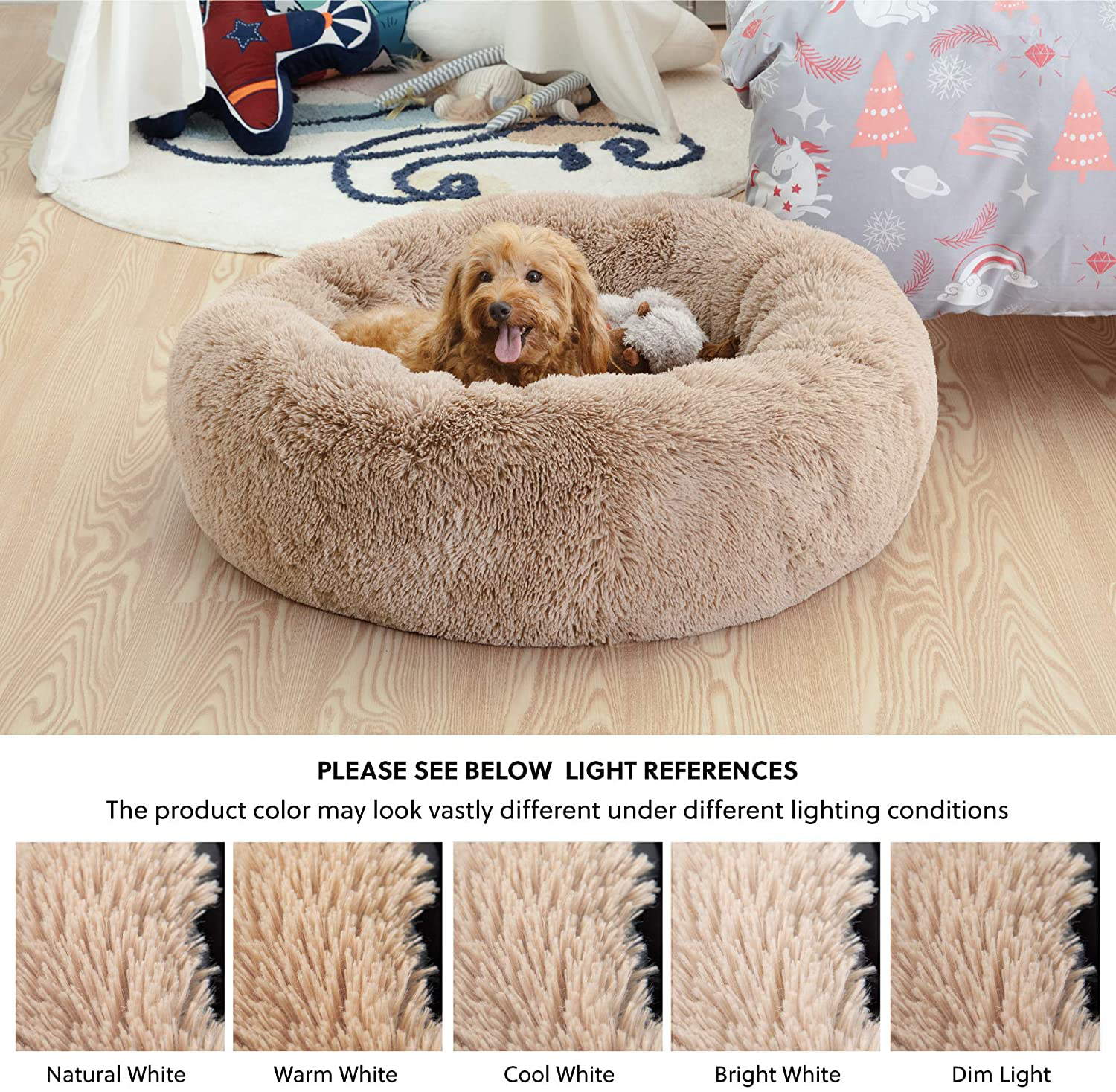 Bedsure Calming Dog Beds for Small Medium Large Dogs - round Donut Washable Dog Bed, Anti-Slip Faux Fur Fluffy Donut Cuddler Anxiety Cat Bed, Fits up to 15-100 Lbs