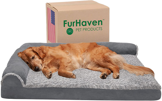 Furhaven Orthopedic, Cooling Gel, and Memory Foam Pet Beds for Small, Medium, and Large Dogs and Cats - Two-Tone L Chaise, Southwest Kilim Sofa, Faux Fur Velvet Sofa Dog Bed, and More Animals & Pet Supplies > Pet Supplies > Cat Supplies > Cat Beds Furhaven L Chaise Bed - Two-Tone Stone Gray Orthopedic Foam Jumbo