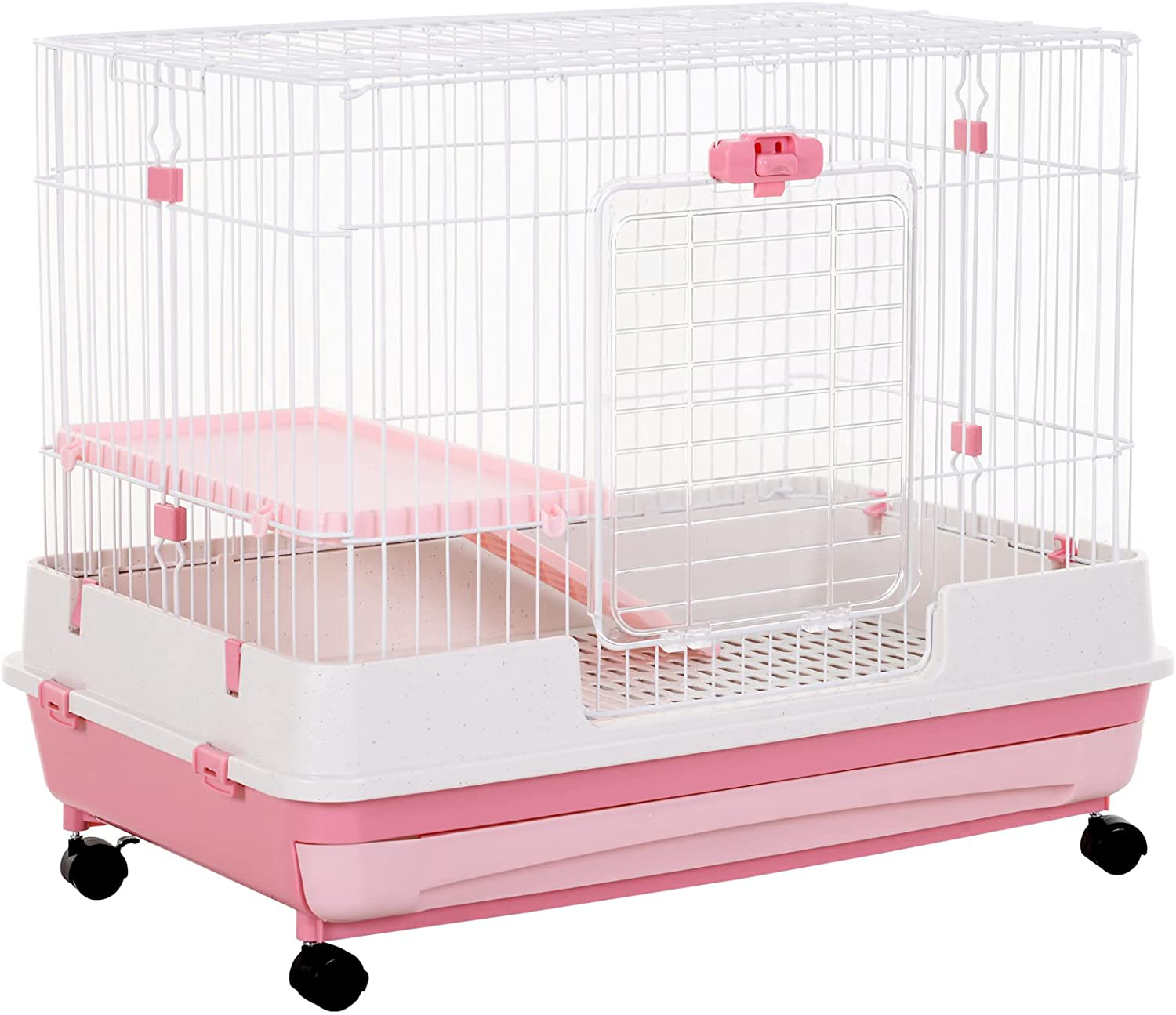 Pawhut 32" 2-Level Indoor Small Animal Cage Rabbit Hutch with Wheels, Perfect for Exotic Rodents Animals & Pet Supplies > Pet Supplies > Small Animal Supplies > Small Animal Habitat Accessories PawHut Pink  