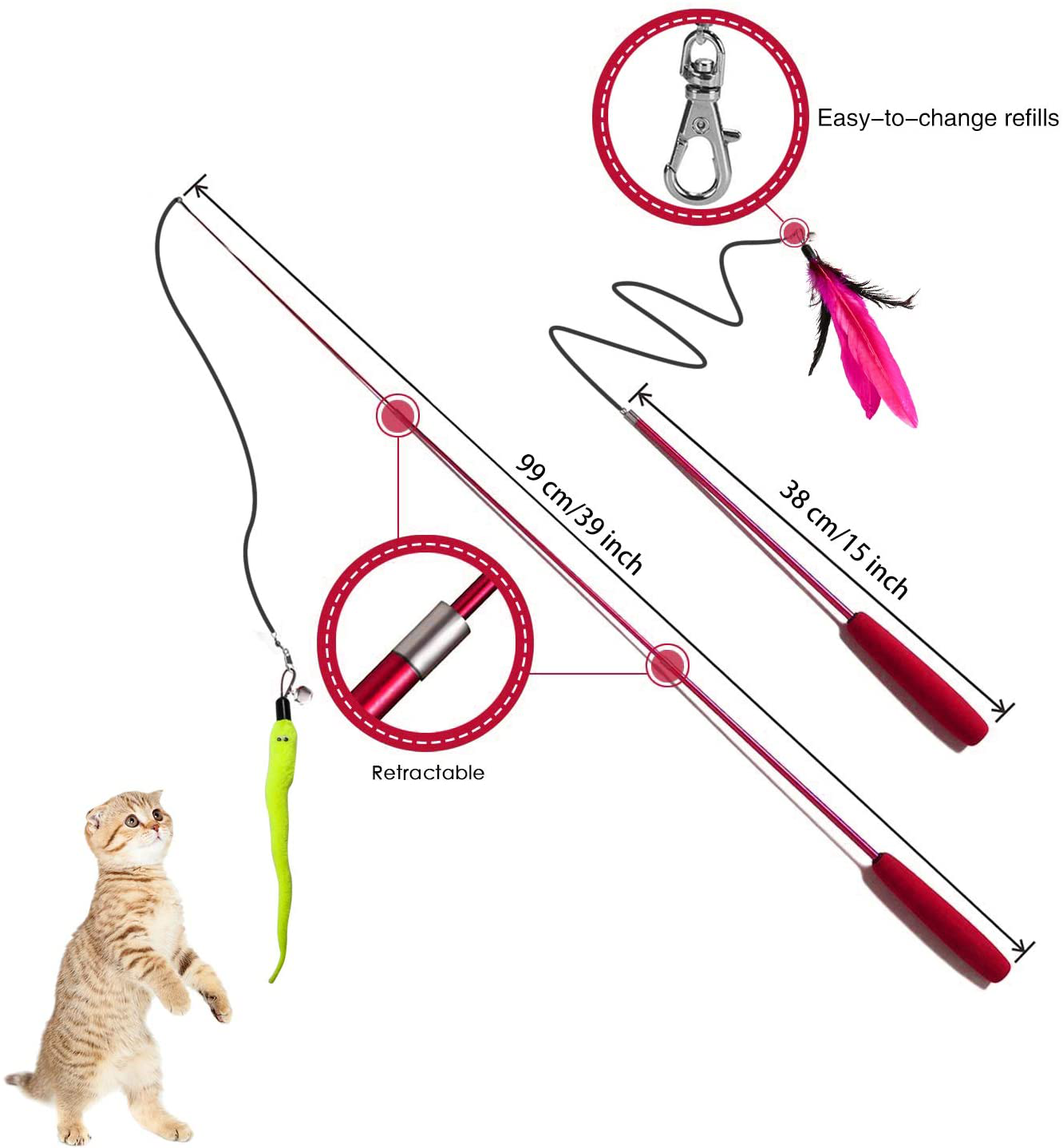 M JJYPET Retractable Cat Toy Wand, 12 Packs Interactive Cat Feather Toys, 9 Assorted Teaser Refills with Bell for Cat Kitten Animals & Pet Supplies > Pet Supplies > Cat Supplies > Cat Toys M JJYPET   