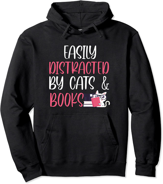Easily Distracted by Cats and Books Funny Cat and Book Lover Pullover Hoodie Animals & Pet Supplies > Pet Supplies > Cat Supplies > Cat Apparel Funny Cat And Book Lover Black Unisex Unisex Medium