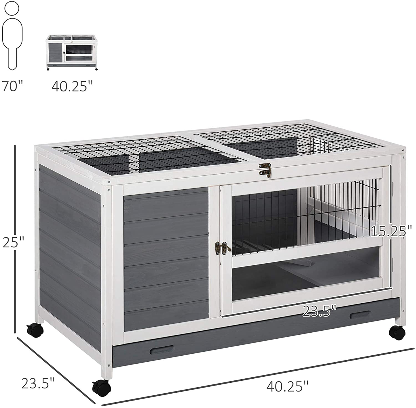 Pawhut Wooden Rabbit Hutch Bunny House Elevated Pet Cage Small Animal Guinea Pig Habitat with Slide-Out Tray Lockable Door Openable Top for Indoor 40" X 23.5" X 25" Grey