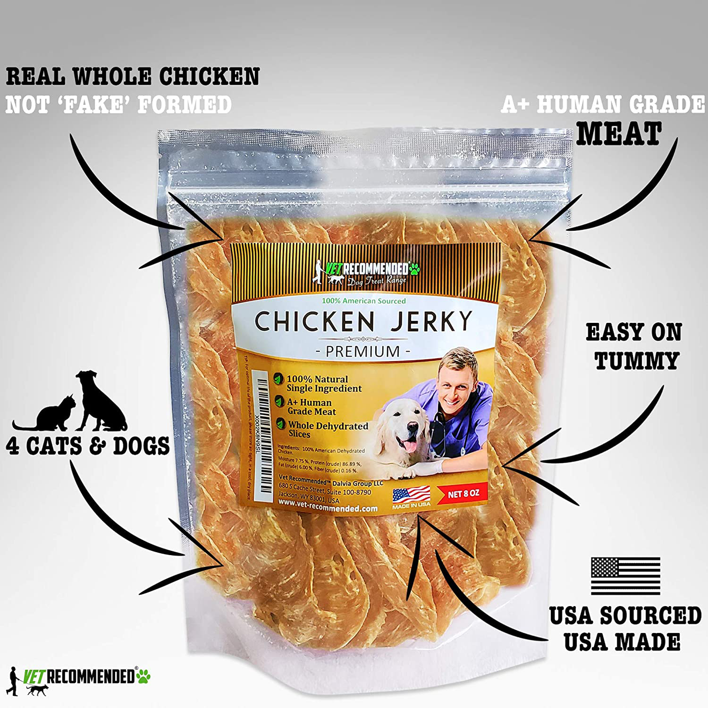 Vet Recommended - Chicken Jerky for Dogs - Giant 8Oz Bag | All Natural Dog Treats - Single Ingredient - No Fillers or Preservatives - Whole Dehydrated Chicken; Not Formed - Made in USA Animals & Pet Supplies > Pet Supplies > Dog Supplies > Dog Treats Vet Recommended   
