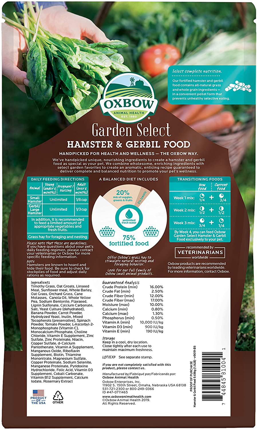Oxbow Animal Health Garden Select Hamster and Gerbil Food, Garden-Inspired Recipe for Hamsters and Gerbils, Non-Gmo, Made in the USA, 1.5 Pound Bag
