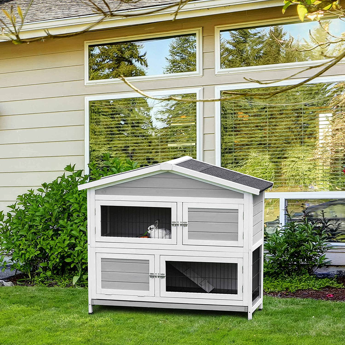 Pawhut 48" 2-Floor Large Rabbit Hutch Wooden Pet House Multi-Door Bunny Cage Small Animal Habitat with Ramp Slide-Out Tray Run Area Asphalt Roof Light Grey Animals & Pet Supplies > Pet Supplies > Small Animal Supplies > Small Animal Habitats & Cages PawHut   