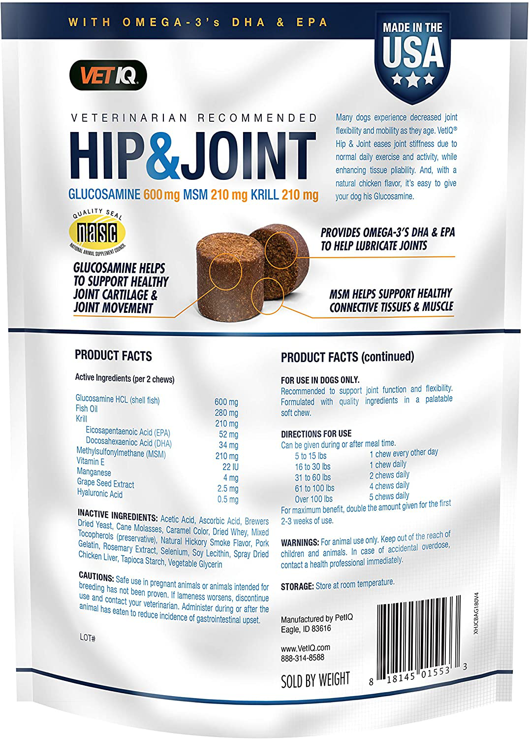 VETIQ Vet Recommended Hip and Joint Supplement for Dogs, Chicken Flavored Soft Chews Animals & Pet Supplies > Pet Supplies > Small Animal Supplies > Small Animal Treats VetIQ   