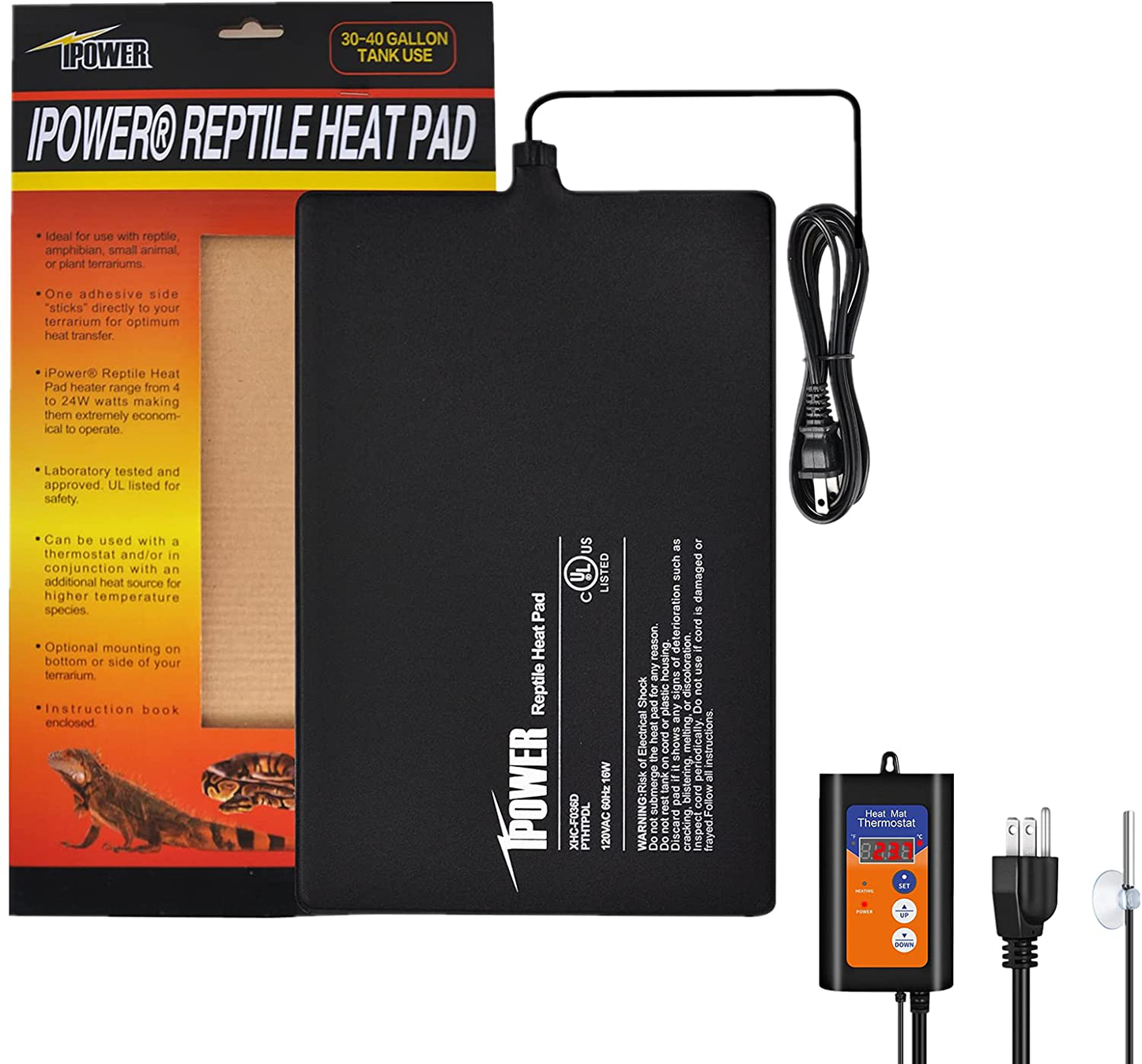 Ipower Reptile Heat Pad 4W/8W/16W/24W under Tank Terrarium Warmer Heating Mat and Digital Thermostat Controller for Turtles Lizards Frogs and Other Small Animals, Multi Sizes Animals & Pet Supplies > Pet Supplies > Reptile & Amphibian Supplies > Reptile & Amphibian Substrates iPower Pad + Thermostat 6 X 8 Inch 