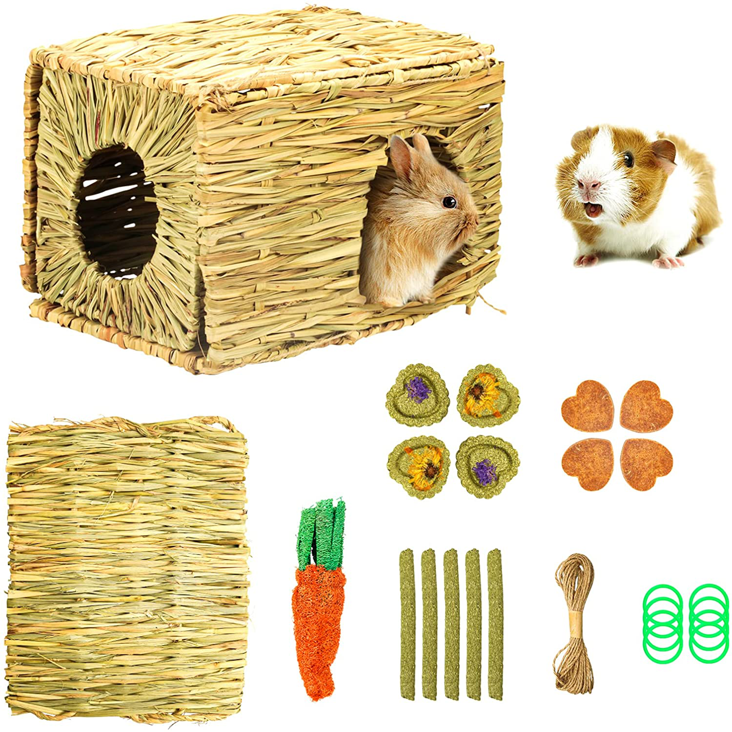 NC Rabbit Grass House, Hand Weave Bunny Hideout Natural Small Animals Habitats Foldable Grass Hut with Hamster Chew Toys Guinea Pig Pads for Bunny Chinchilla and Other Small Animals Play Animals & Pet Supplies > Pet Supplies > Small Animal Supplies > Small Animal Habitats & Cages N\C   