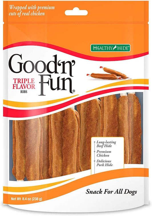 Healthy Hide Good 'N' Fun Triple Flavor Ribs - Rawhide, Chicken & Pork Hide 8.4 Oz - Pack of 2
