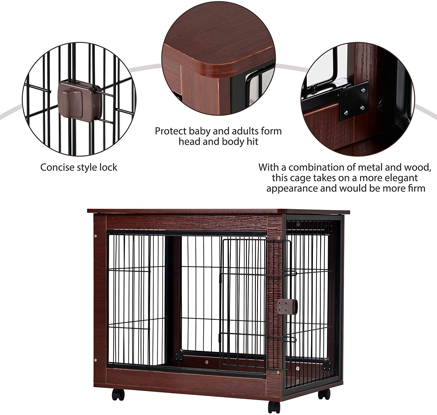 Pet Dog Crate Cage End Table with Wooden Structure and Iron Wire and Lockable Caters,Medium and Large Dog House Indoor Use Animals & Pet Supplies > Pet Supplies > Dog Supplies > Dog Houses WHNB   