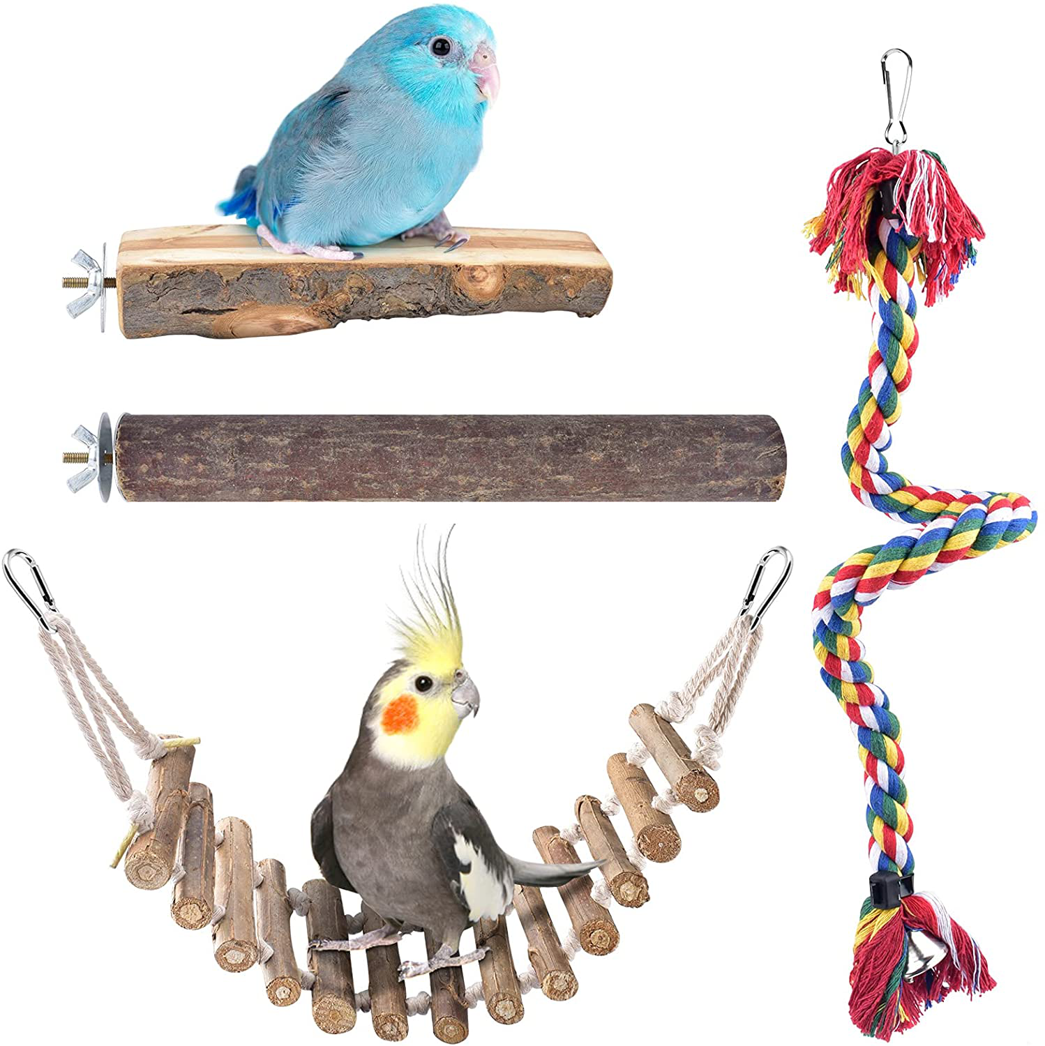 ERKOON Bird Perch Set, Birds Toy Natural Wood Perches Stand Platform Swing Ladder Rope Bird Cage Accessories for Parrot Parakeets Cockatiels Conures Lovebirds Finches (4Pack)